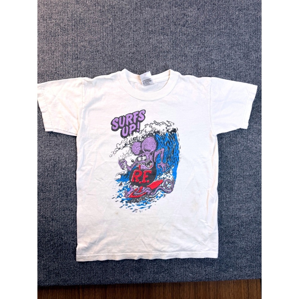 VTG Rat Fink Surfs Up Graphic Tee Youth M White Anvil Cotton Streetwear T-Shirt